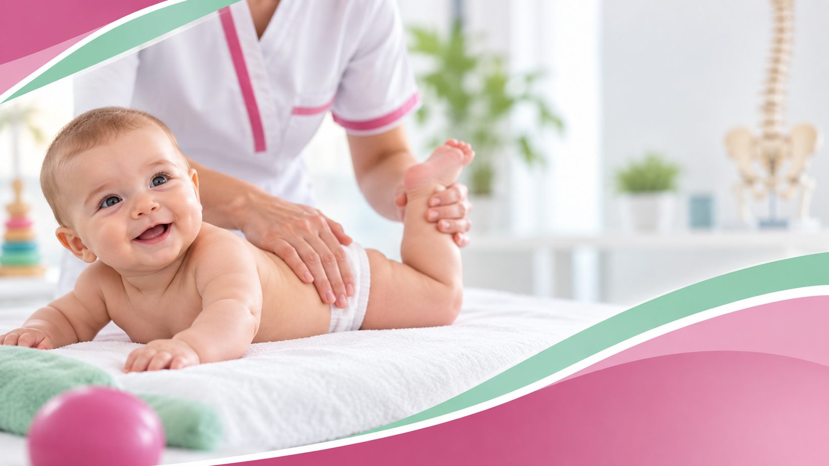 أخصائية ترويض تعالج رضيعًا مبتسمًا على طاولة العلاج